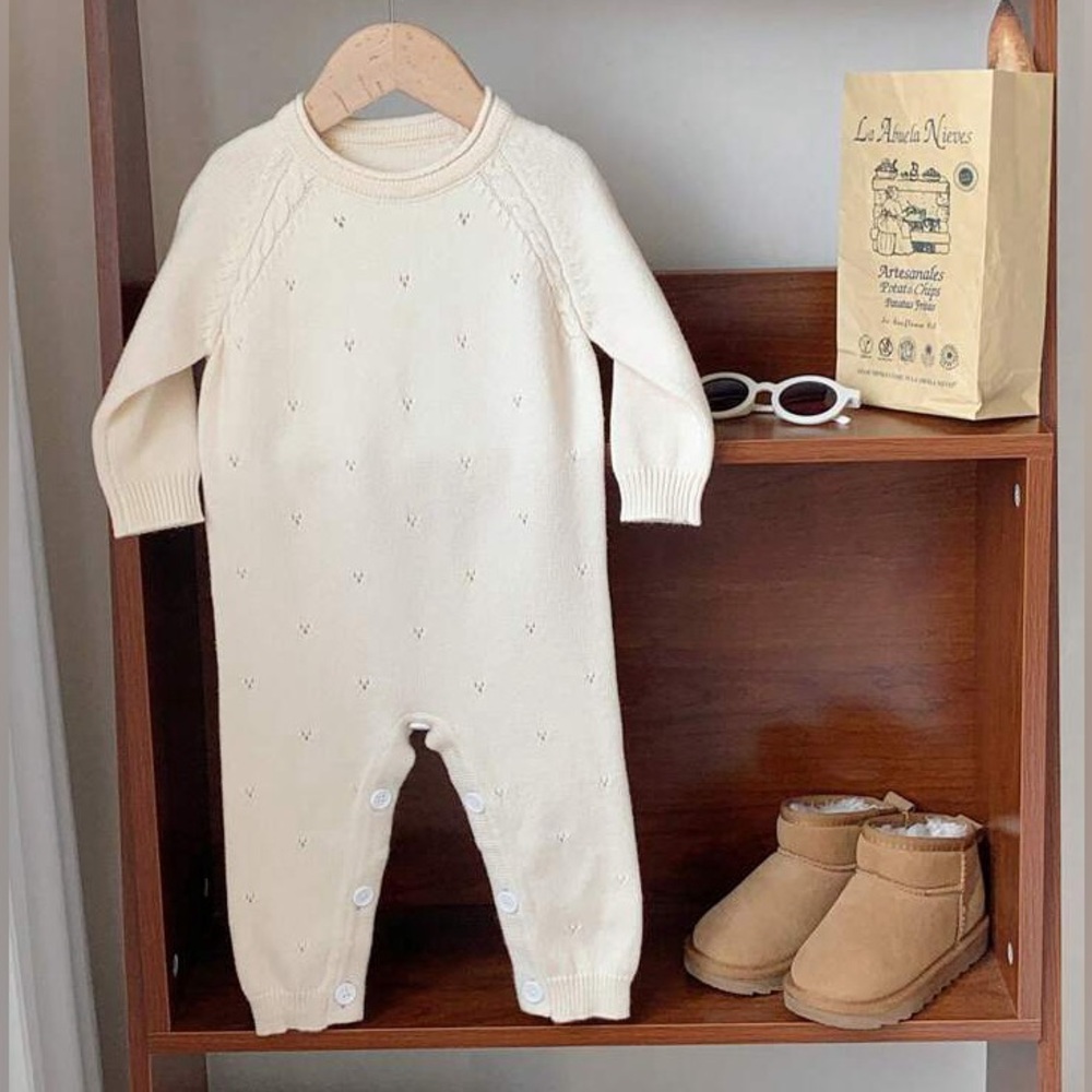 Baby Beige Soft & Cozy Knitted Open Crotch Romper